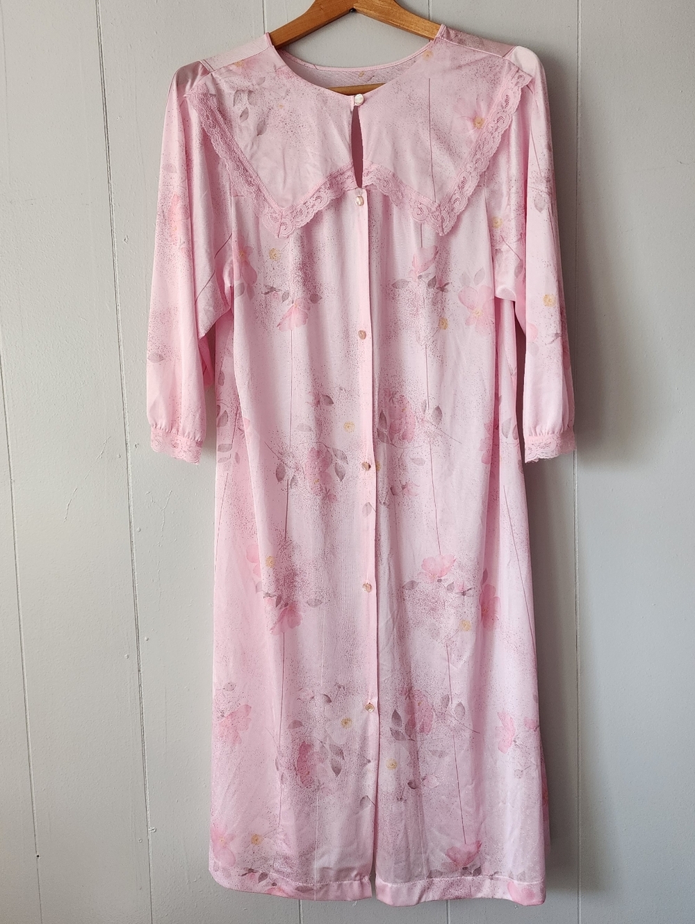 Vintage 1960s Samye by Russell Newman Pink Floral Housecoat Lace Nightgown USA L